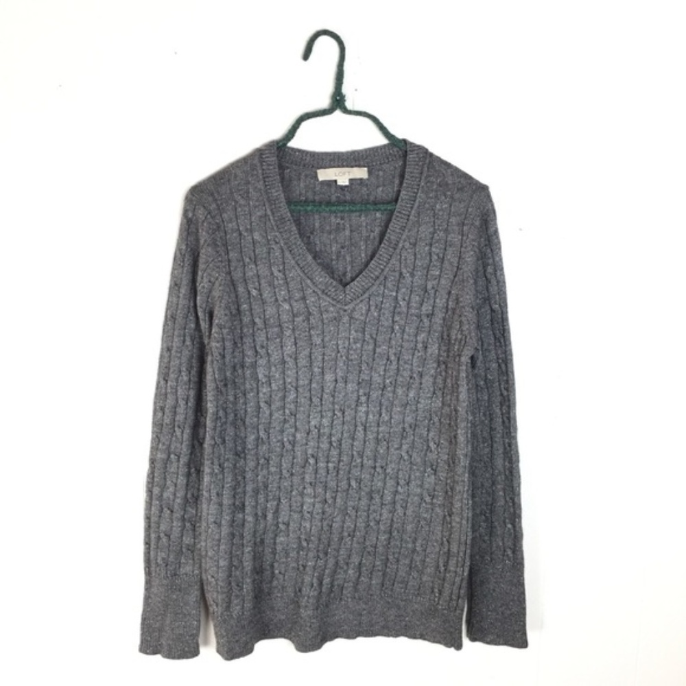 LOFT Gray Silver Sparkle Cableknit V Neck Sweater